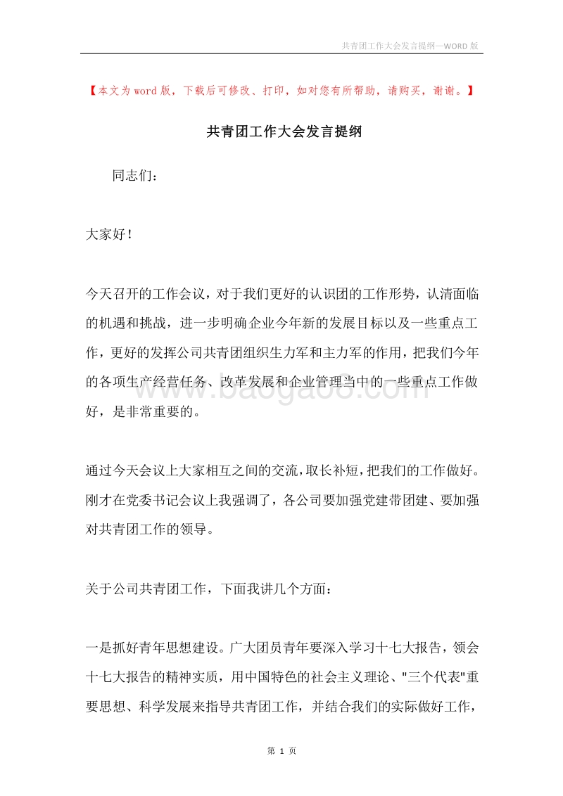 共青团工作大会发言提纲.docx_第1页