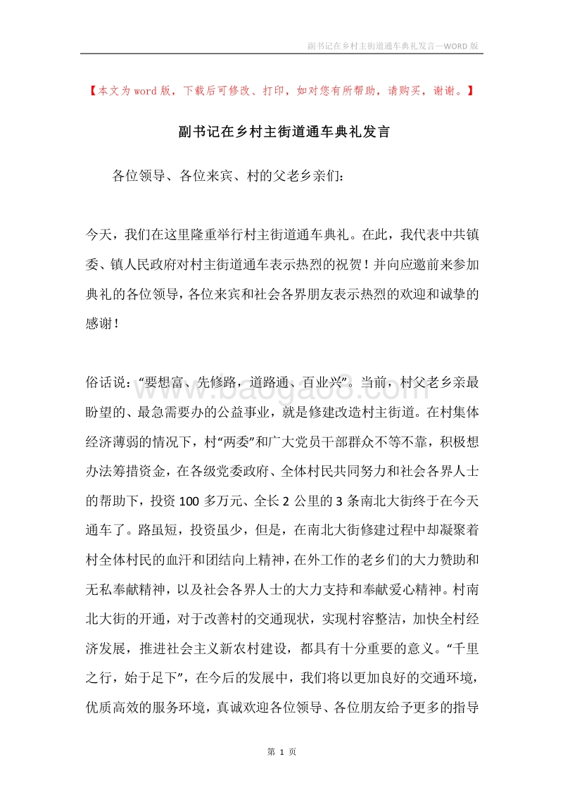 副书记在乡村主街道通车典礼发言.docx_第1页