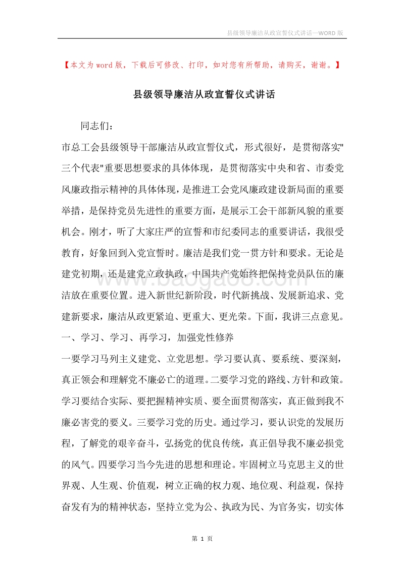 县级领导廉洁从政宣誓仪式讲话.docx_第1页