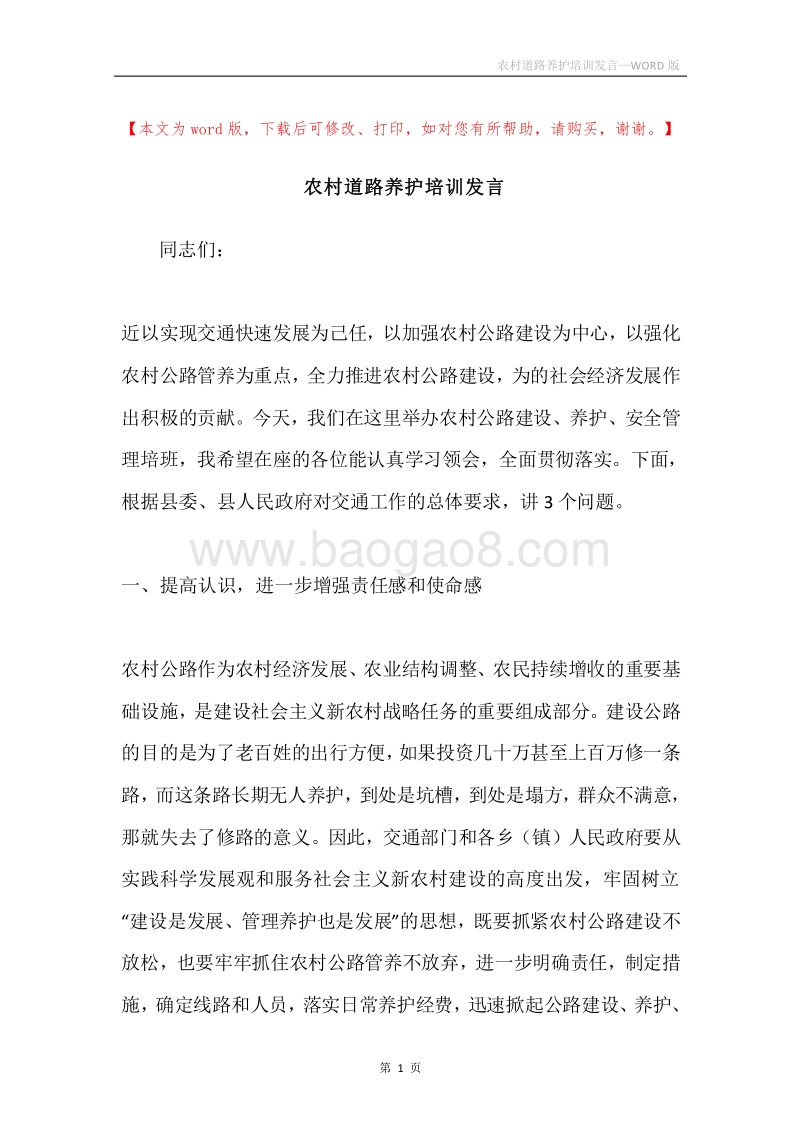 农村道路养护培训发言.docx_第1页