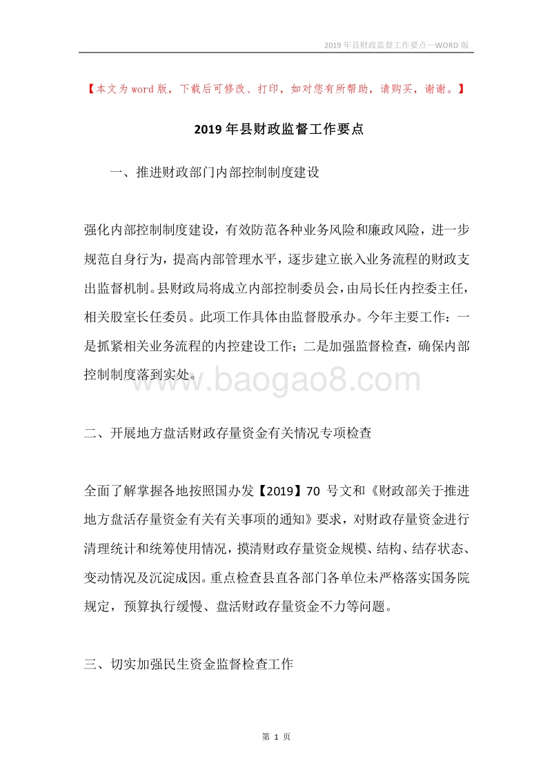 2019年县财政监督工作要点.docx_第1页