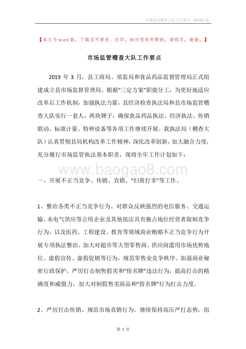 市场监管稽查大队工作要点.docx_第1页