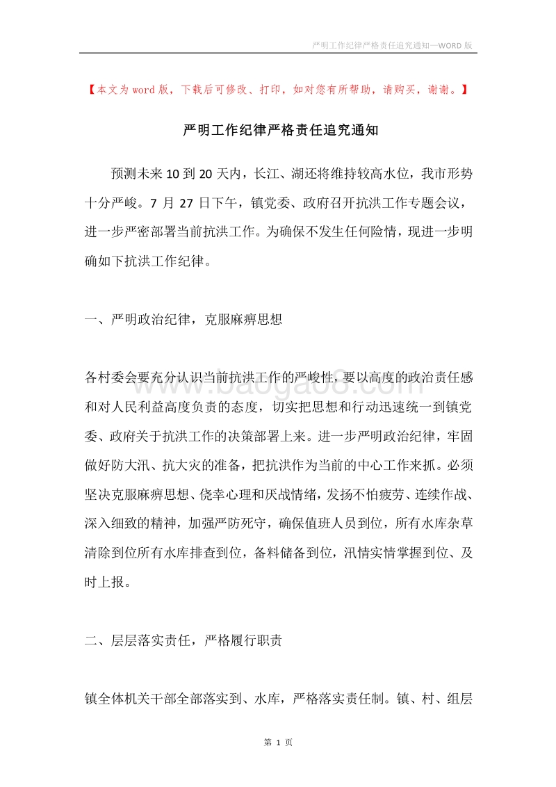 严明工作纪律严格责任追究通知.docx_第1页