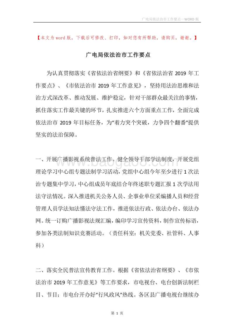 广电局依法治市工作要点.docx_第1页