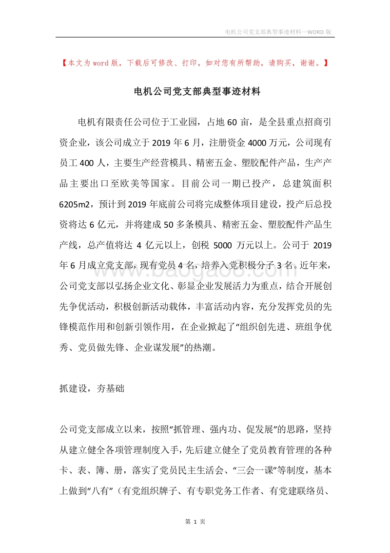 电机公司党支部典型事迹材料.docx_第1页