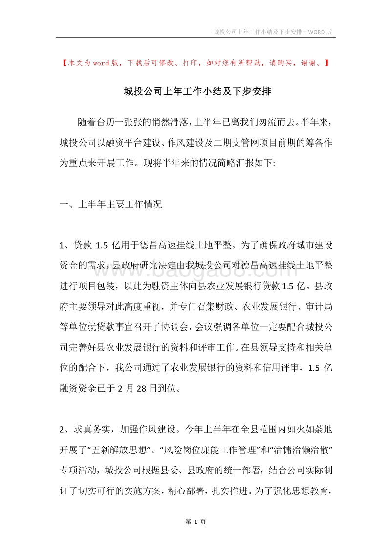 城投公司上年工作小结及下步安排.docx_第1页