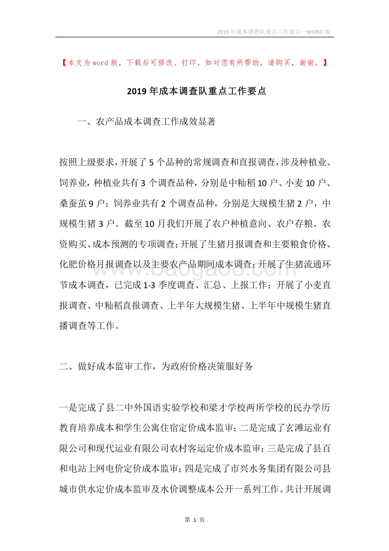 2019年成本调查队重点工作要点.docx_第1页