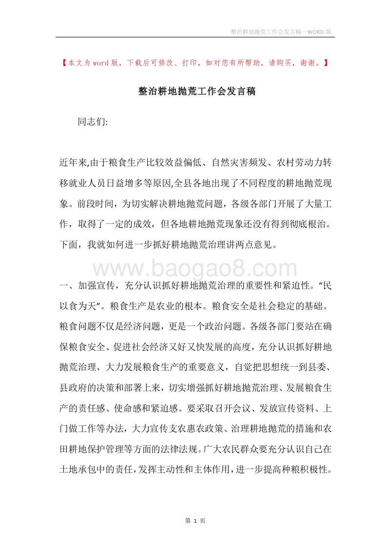 整治耕地抛荒工作会发言稿.docx_第1页