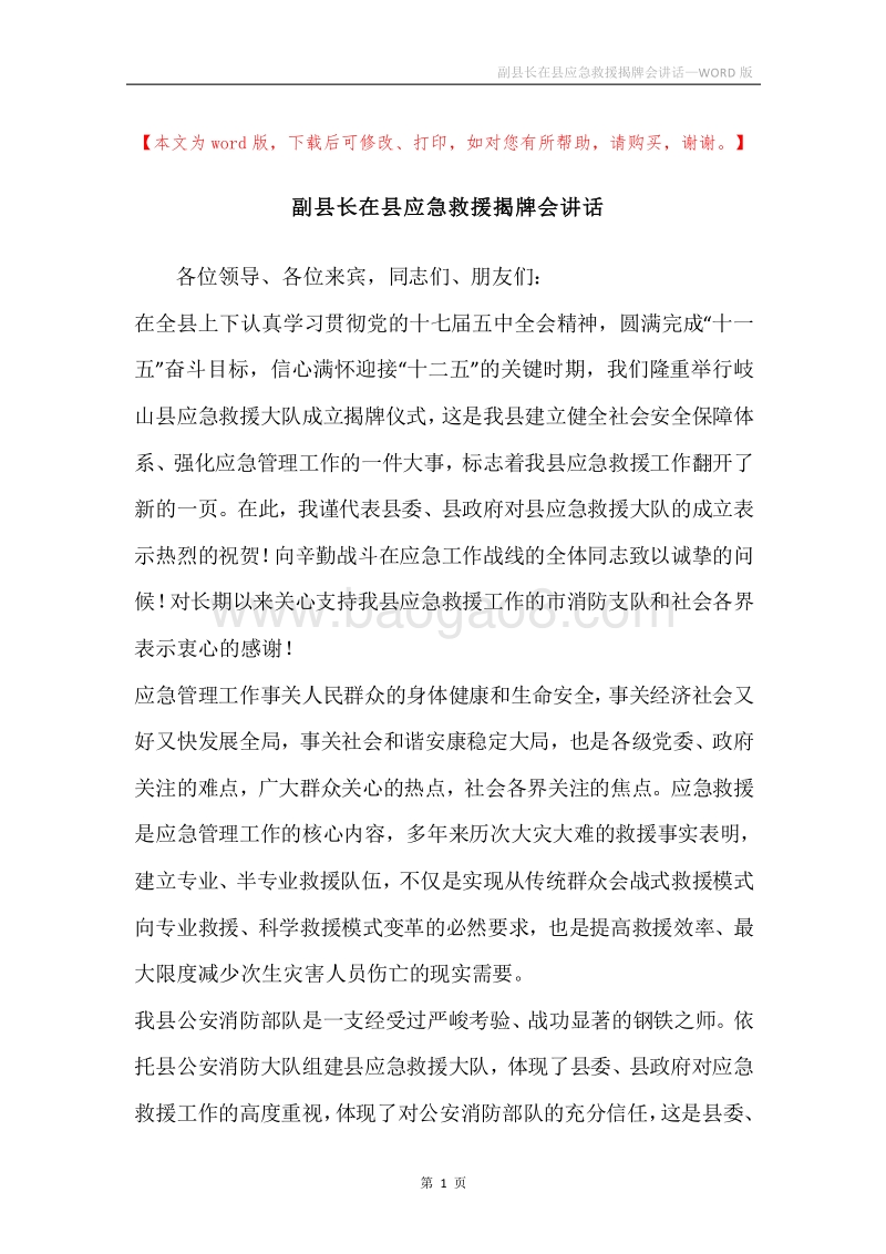 副县长在县应急救援揭牌会讲话.docx_第1页