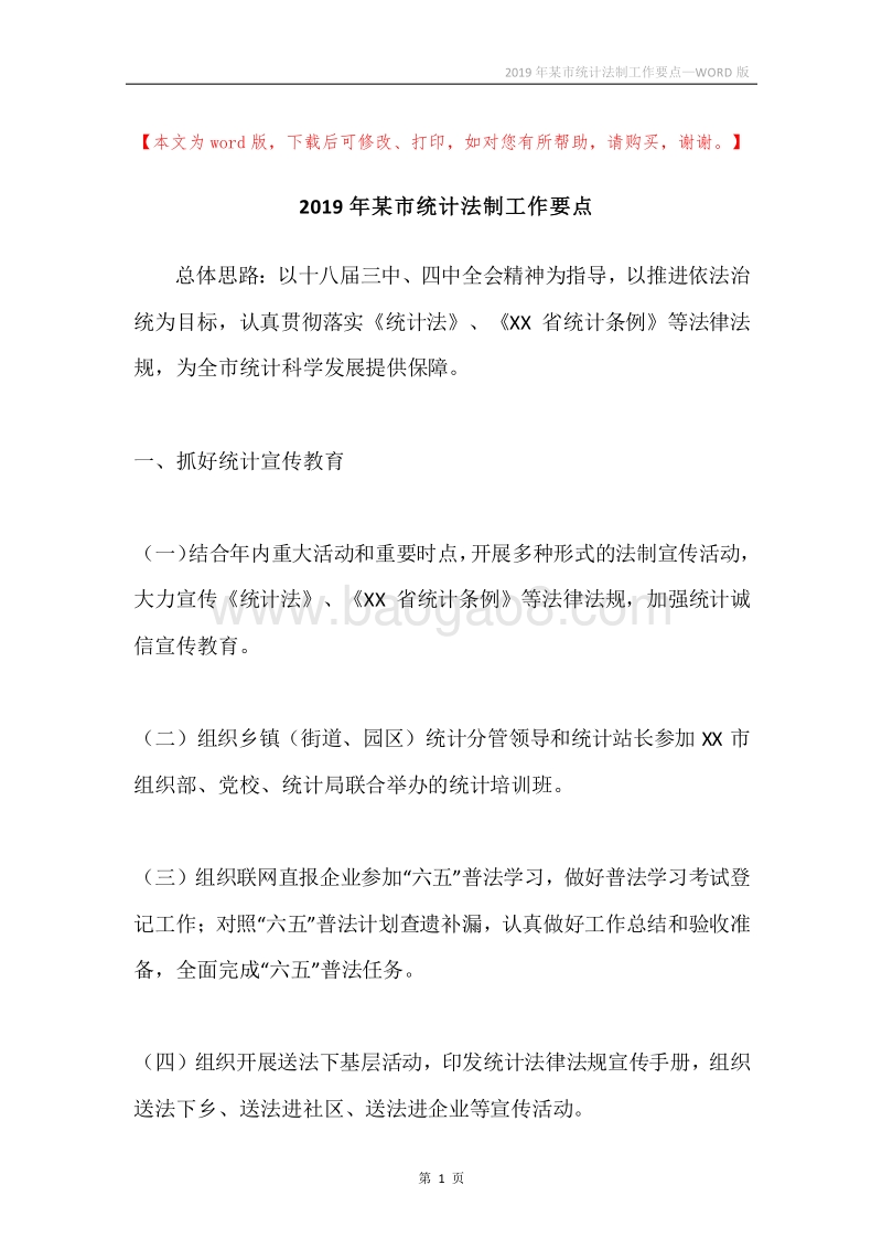 2019年某市统计法制工作要点.docx_第1页
