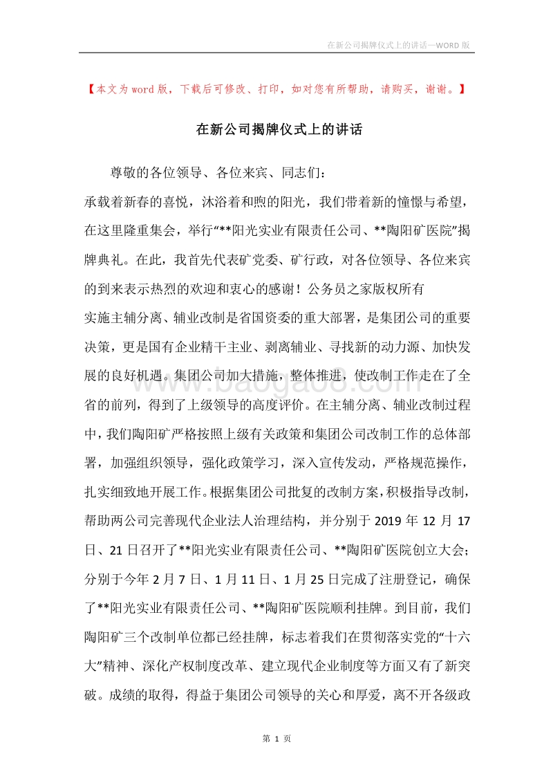 在新公司揭牌仪式上的讲话.docx_第1页