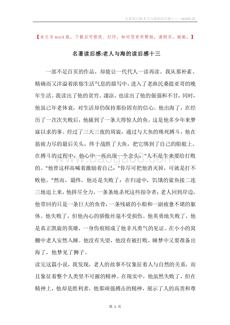 名著读后感-老人与海的读后感十三.docx_第1页
