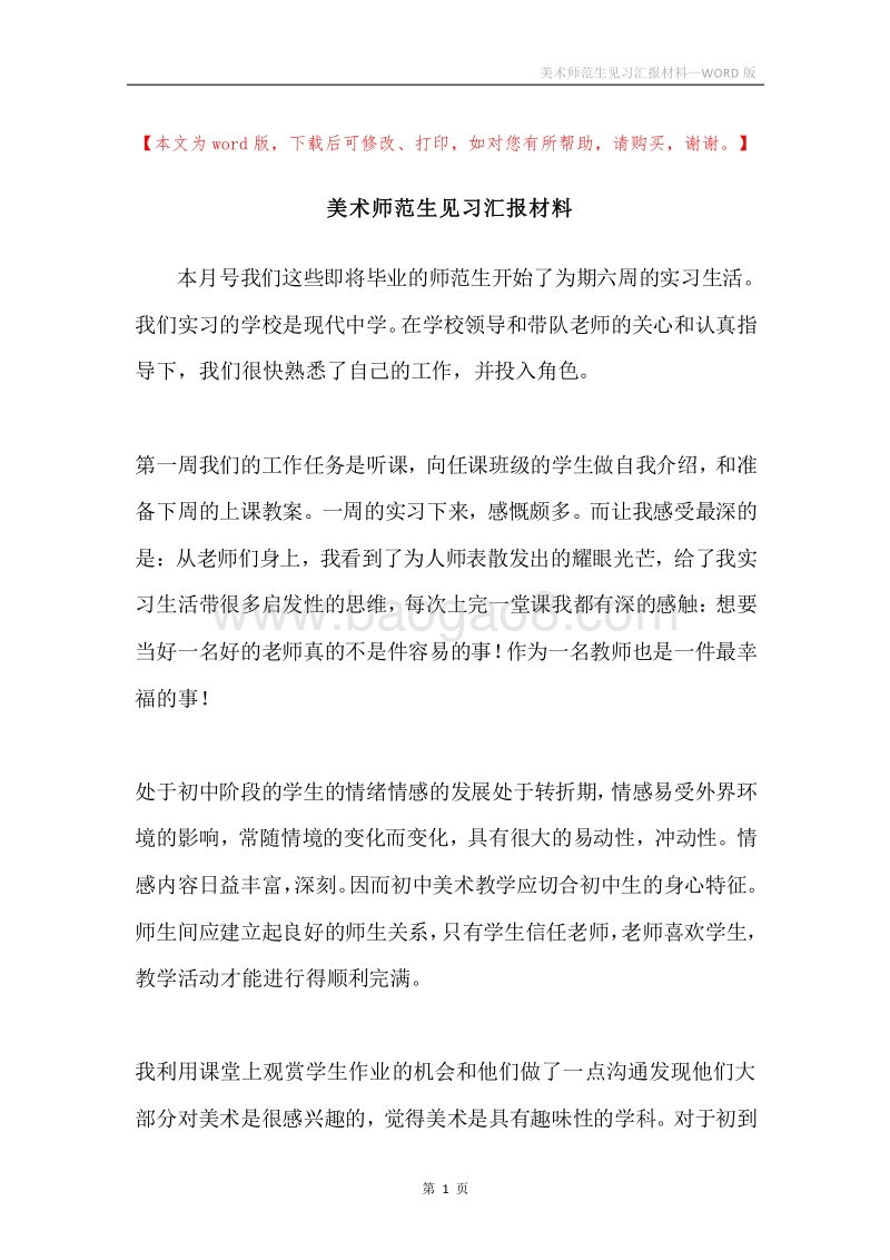 美术师范生见习汇报材料.docx_第1页