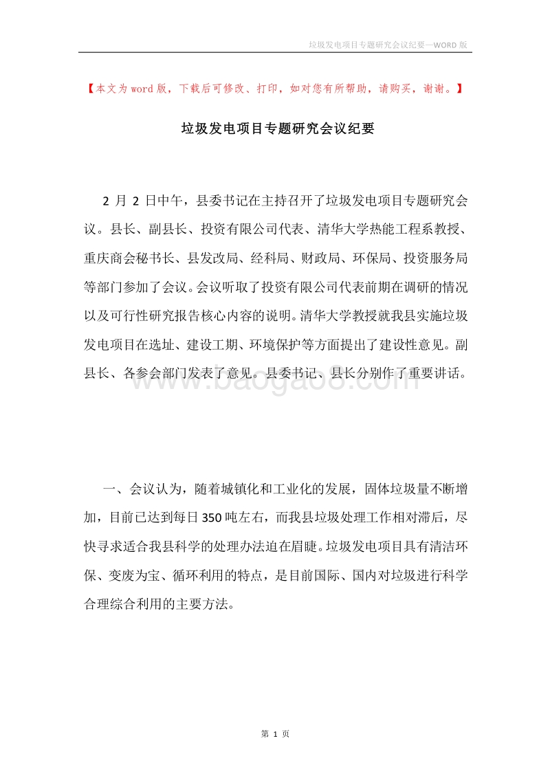 垃圾发电项目专题研究会议纪要.docx_第1页