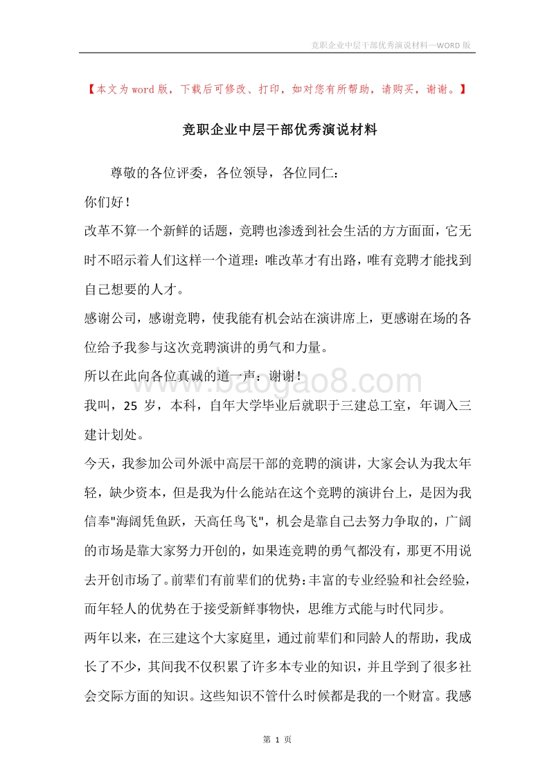 竞职企业中层干部优秀演说材料.docx_第1页