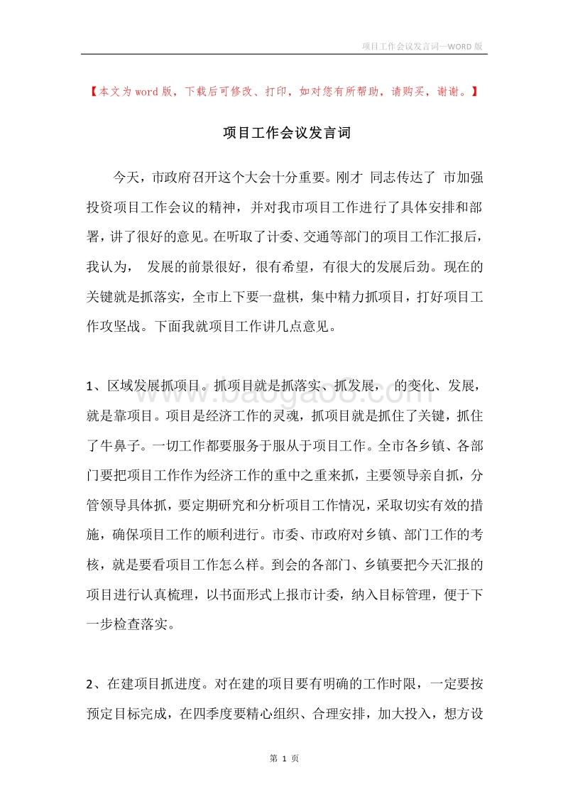 项目工作会议发言词.docx_第1页