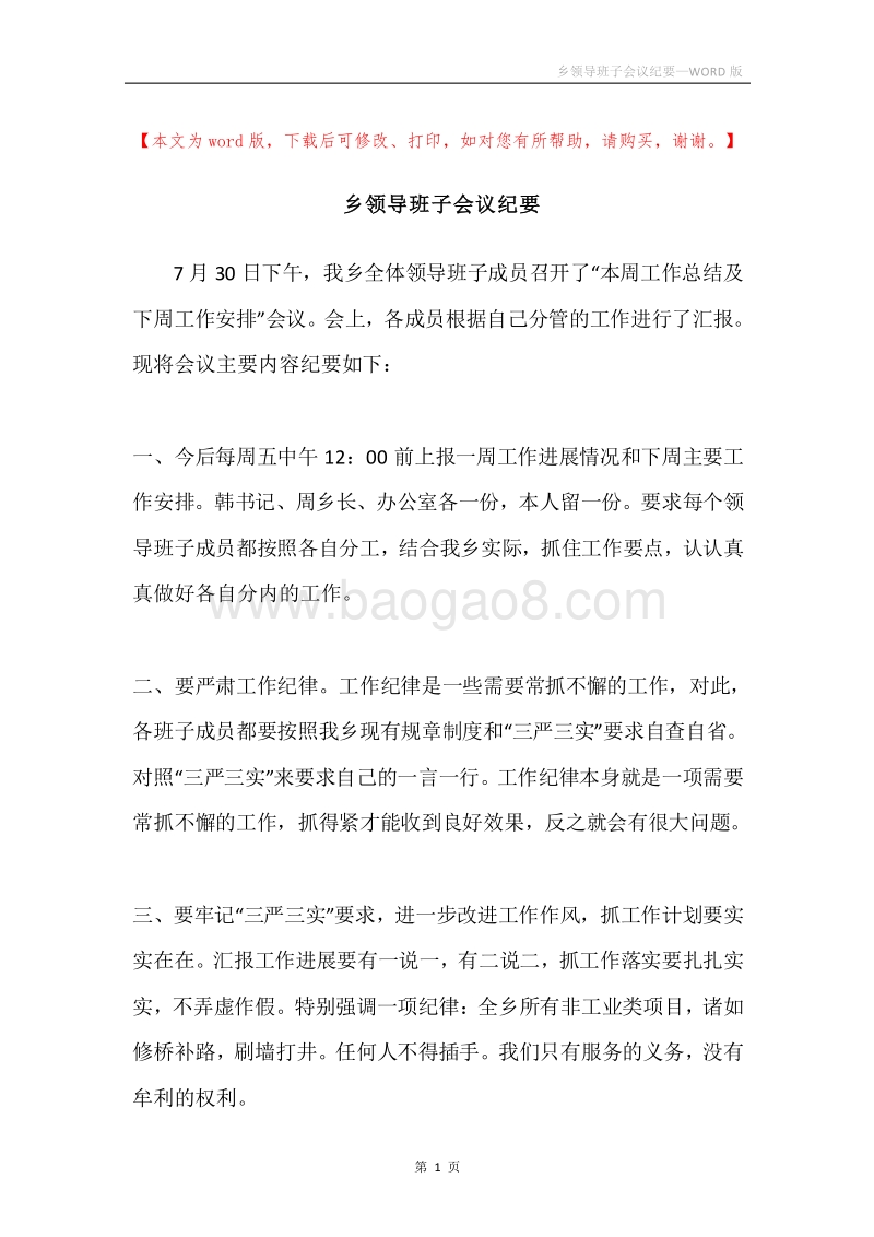 乡领导班子会议纪要.docx_第1页