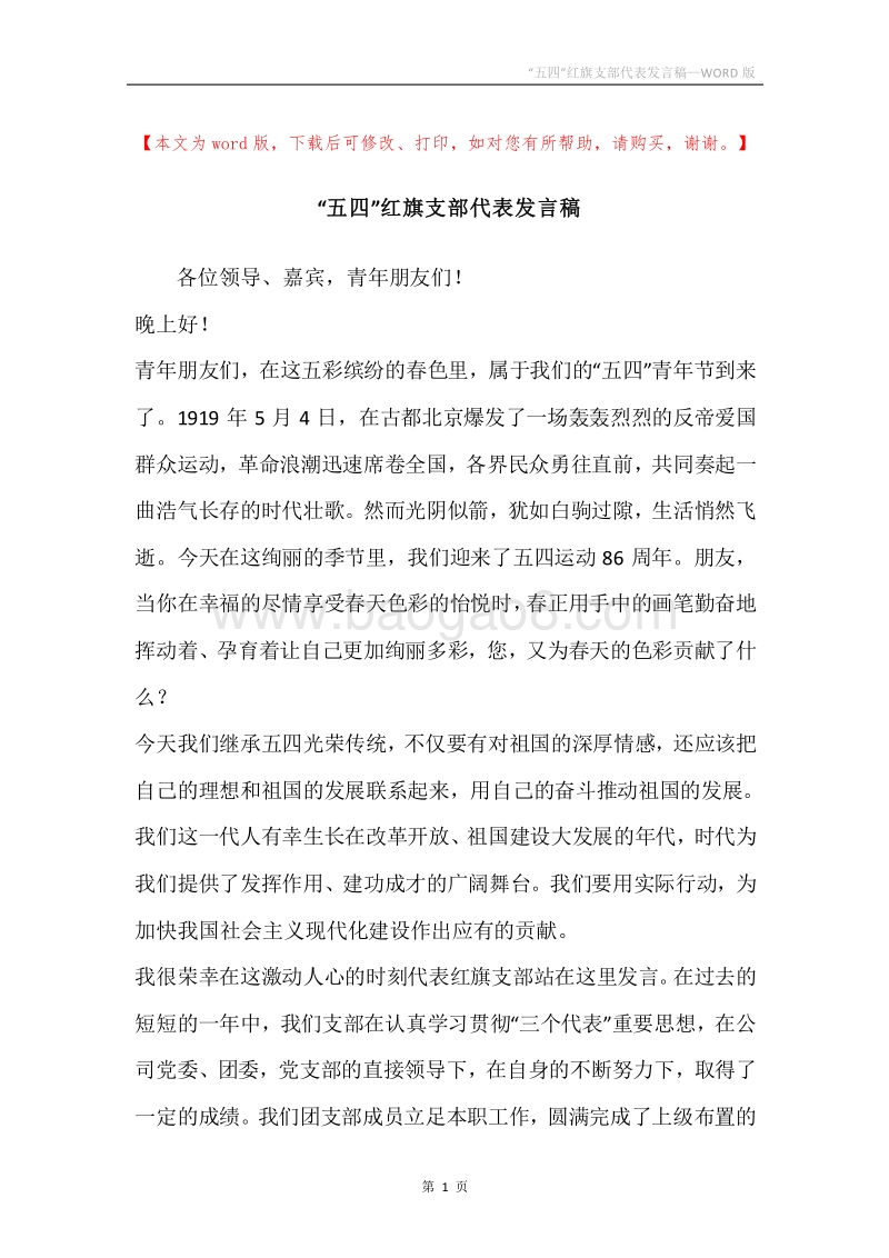 “五四”红旗支部代表发言稿.docx_第1页