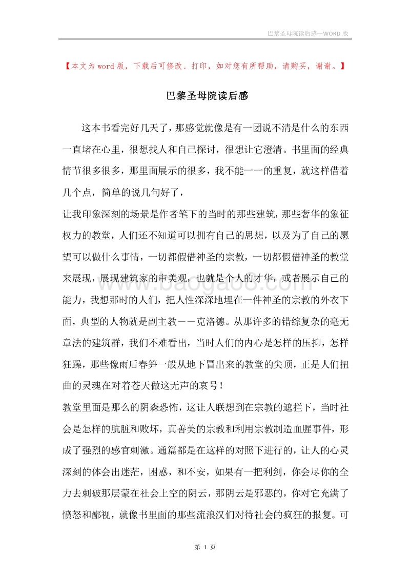 巴黎圣母院读后感.docx_第1页