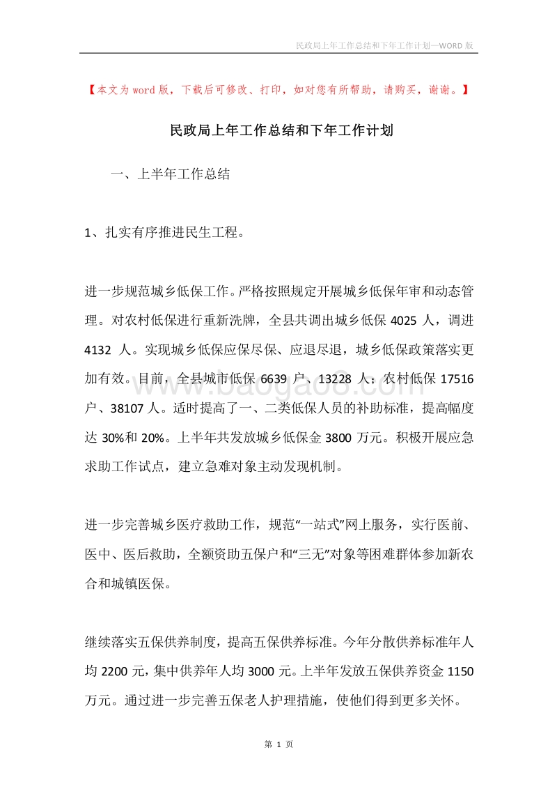 民政局上年工作总结和下年工作计划.docx_第1页