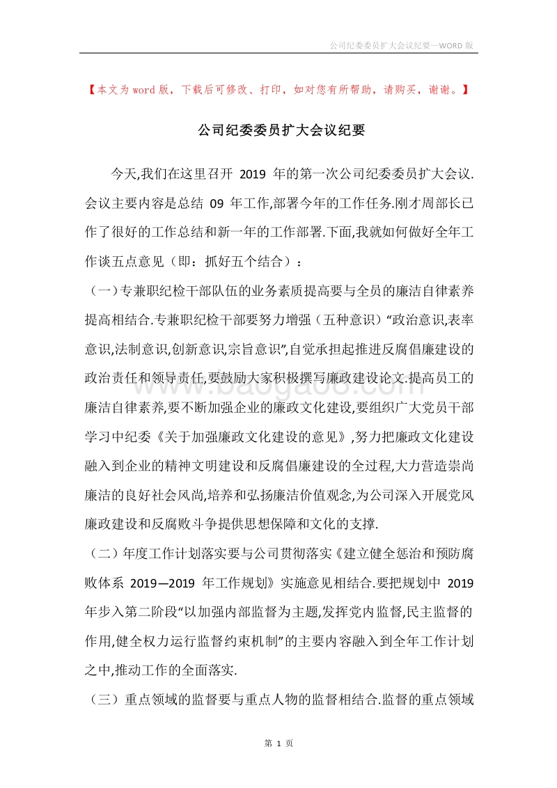 公司纪委委员扩大会议纪要.docx_第1页
