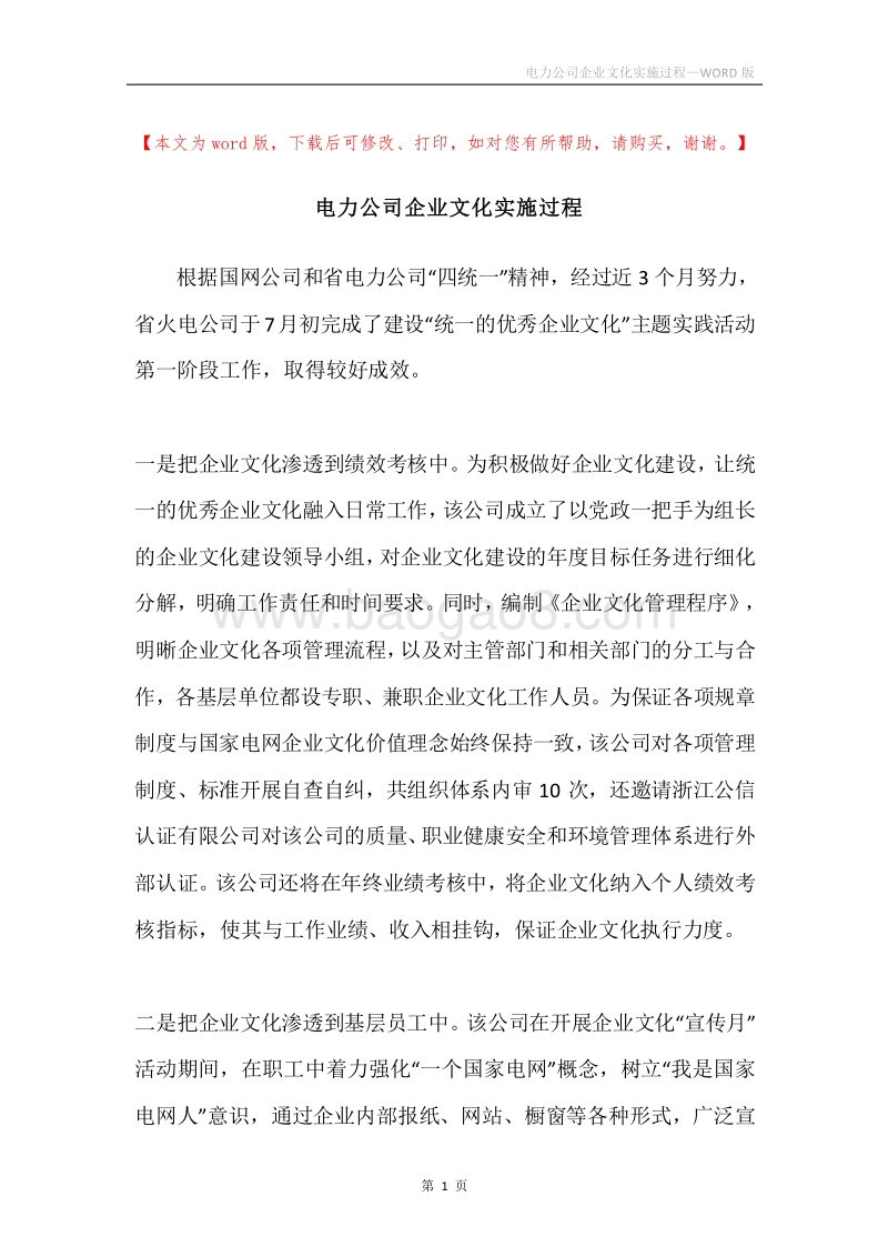 电力公司企业文化实施过程.docx_第1页