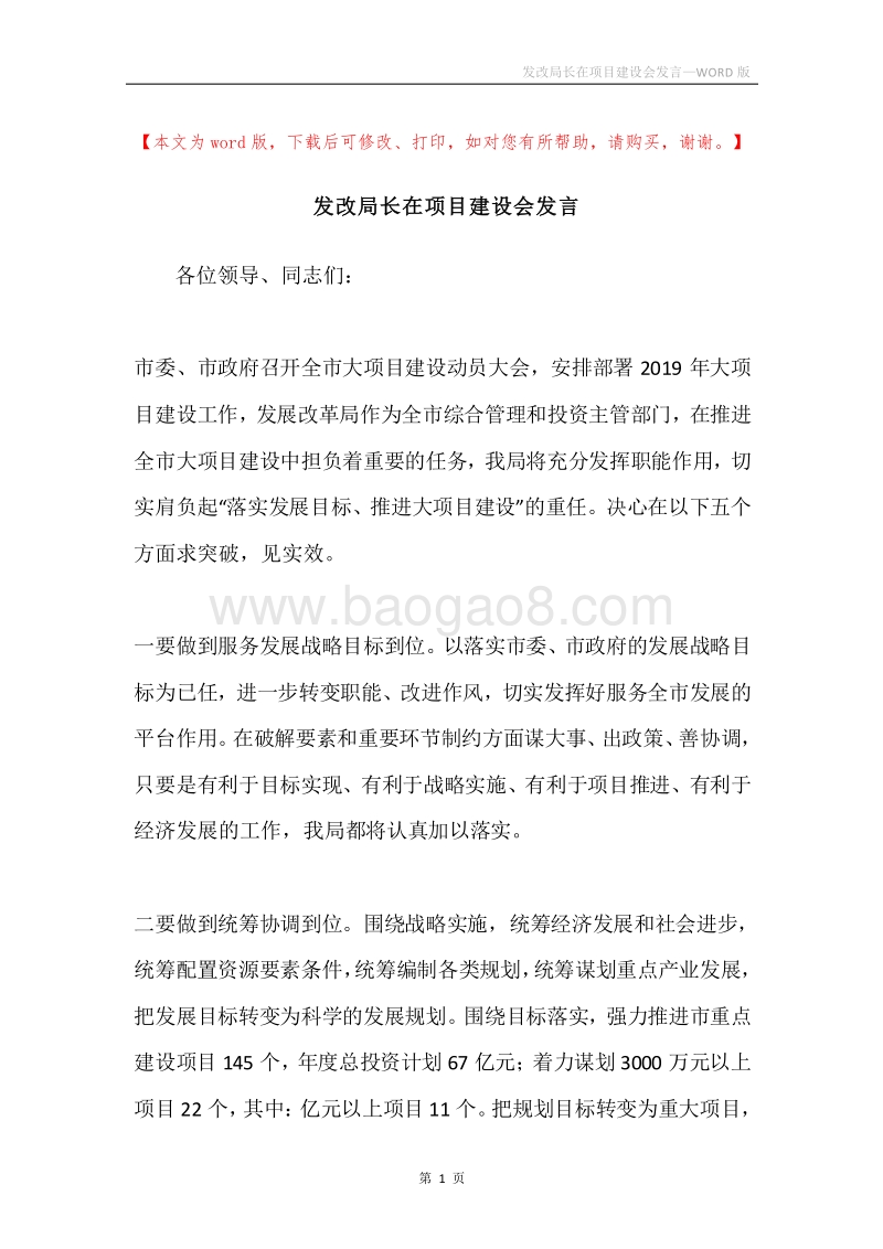 发改局长在项目建设会发言.docx_第1页