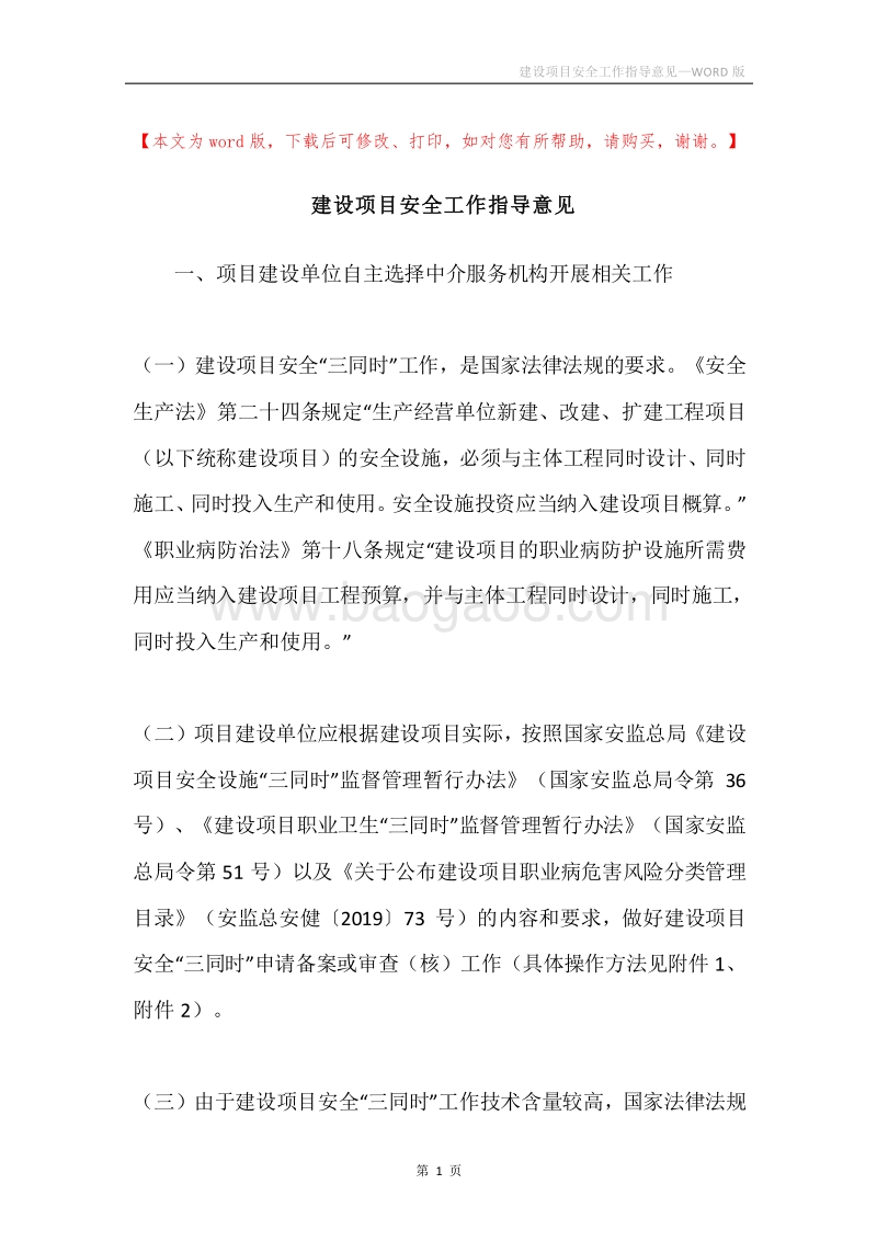 建设项目安全工作指导意见.docx_第1页