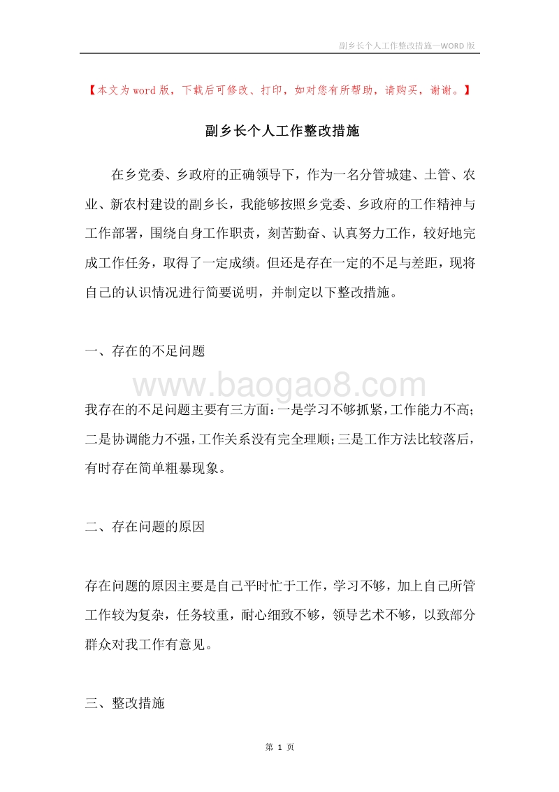 副乡长个人工作整改措施.docx_第1页