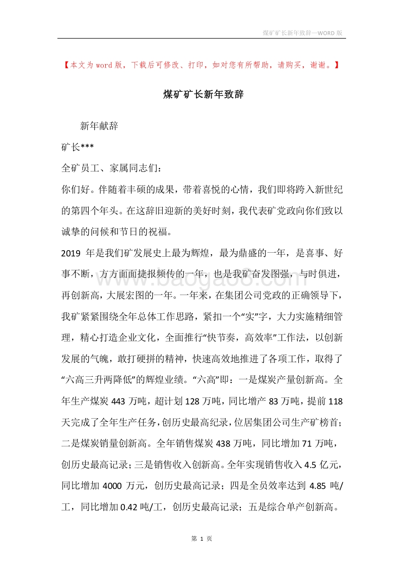 煤矿矿长新年致辞.docx_第1页