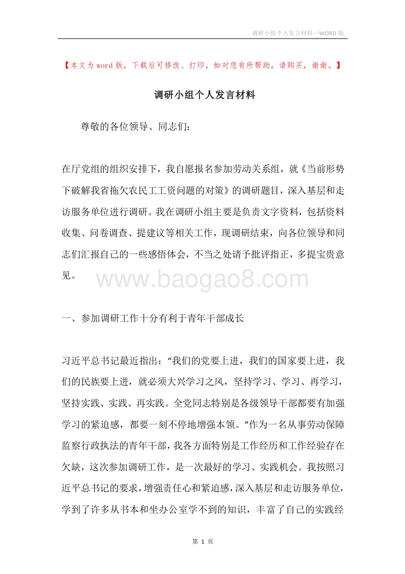 调研小组个人发言材料.docx_第1页