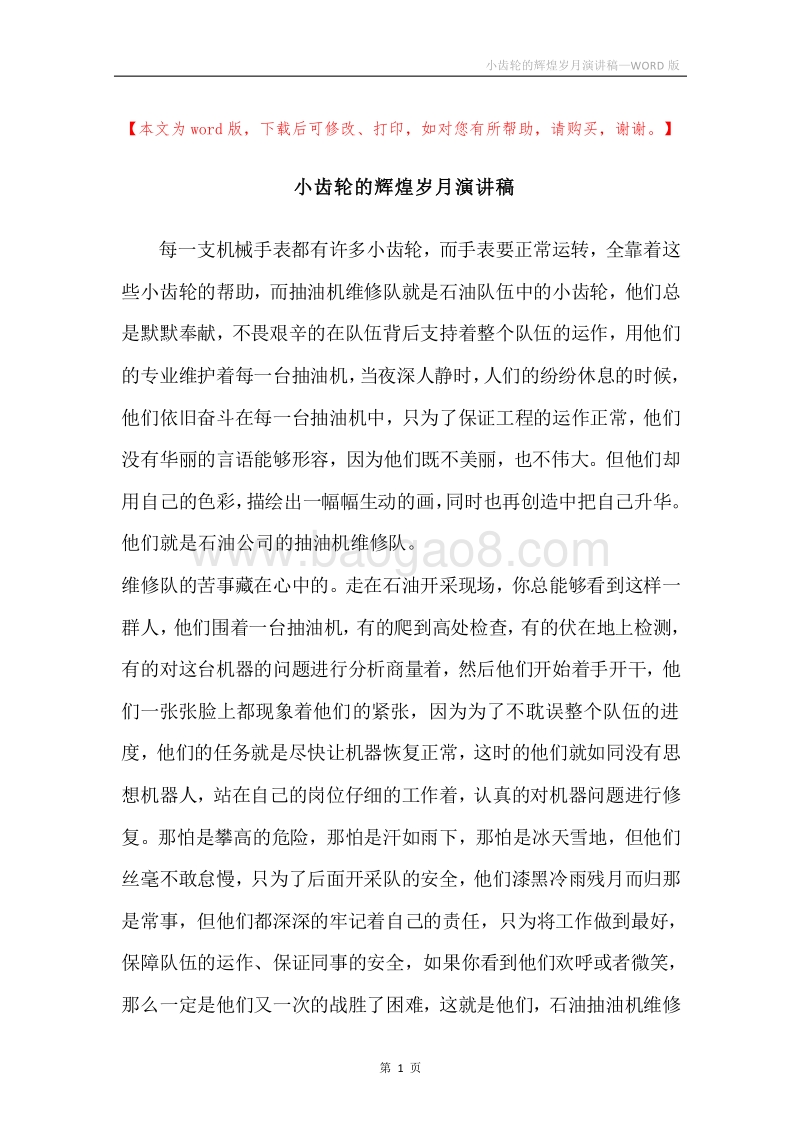 小齿轮的辉煌岁月演讲稿.docx_第1页