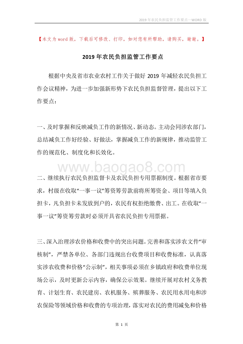 2019年农民负担监管工作要点.docx_第1页