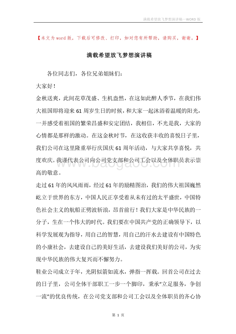 满载希望放飞梦想演讲稿.docx_第1页