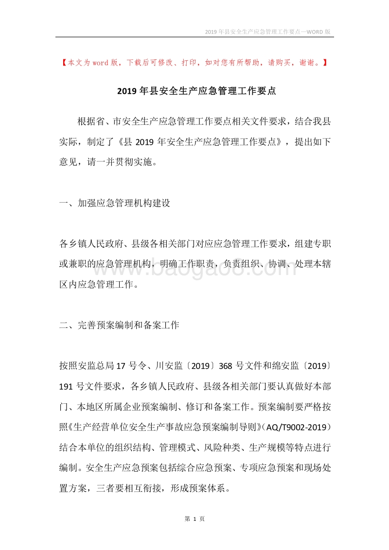 2019年县安全生产应急管理工作要点.docx_第1页