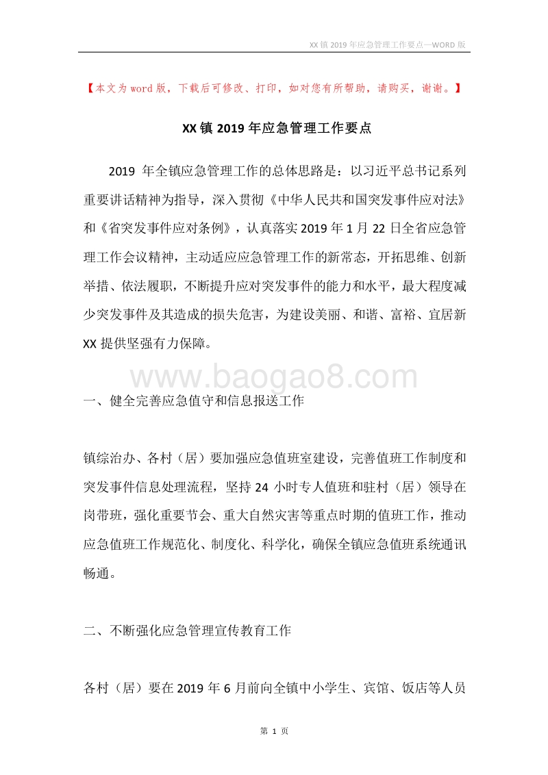 XX镇2019年应急管理工作要点.docx_第1页