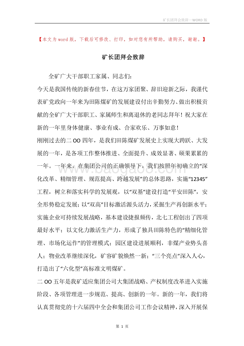 矿长团拜会致辞_1.docx_第1页