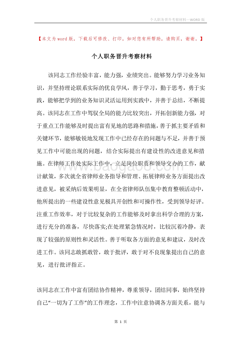 个人职务晋升考察材料.docx_第1页