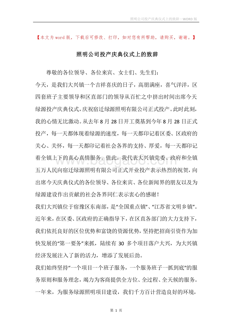 照明公司投产庆典仪式上的致辞.docx_第1页