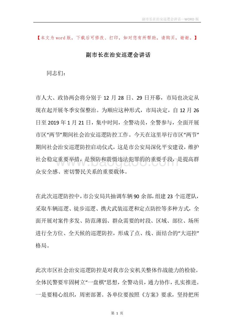 副市长在治安巡逻会讲话.docx_第1页