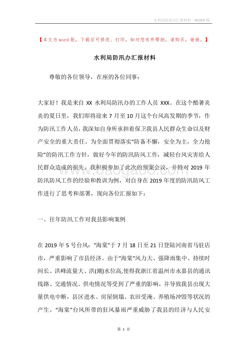 水利局防汛办汇报材料.docx_第1页