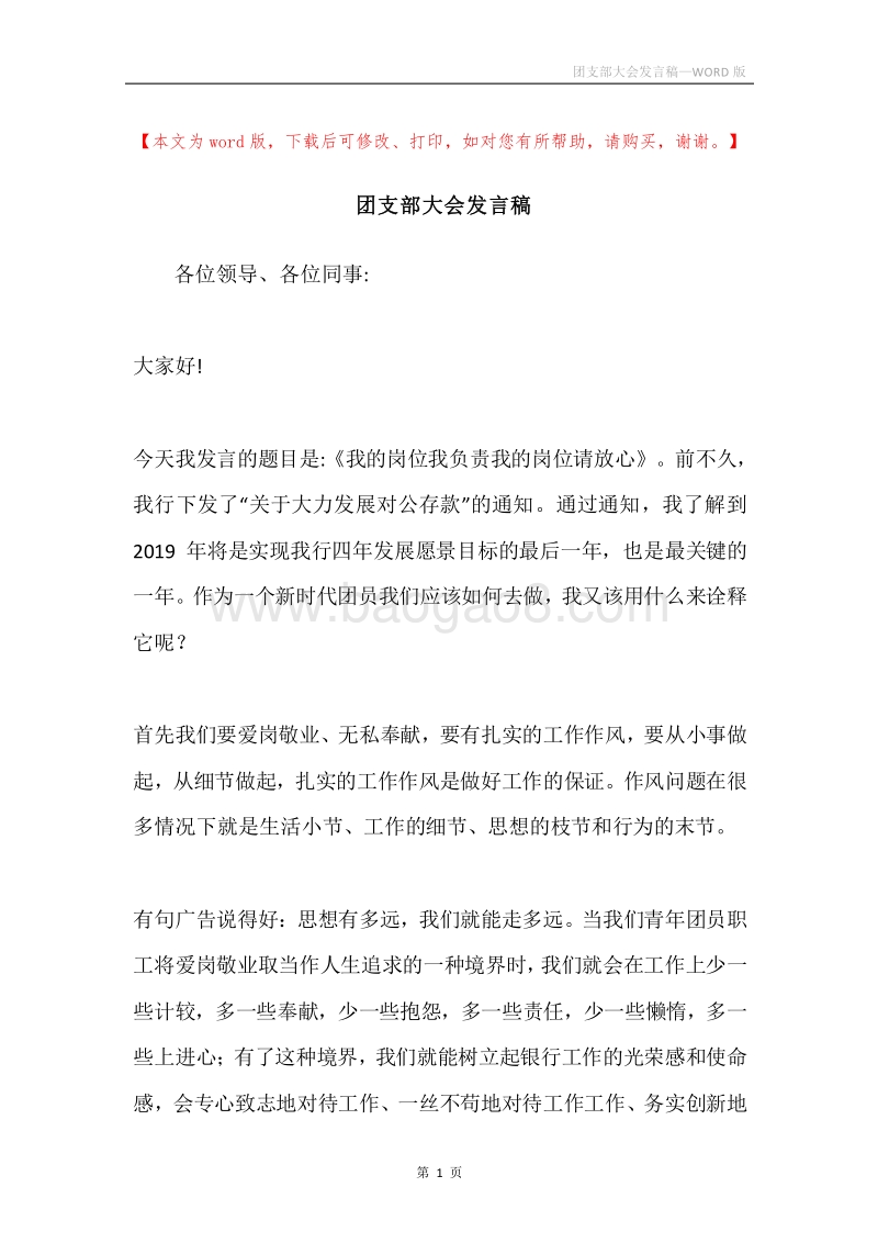 团支部大会发言稿.docx_第1页