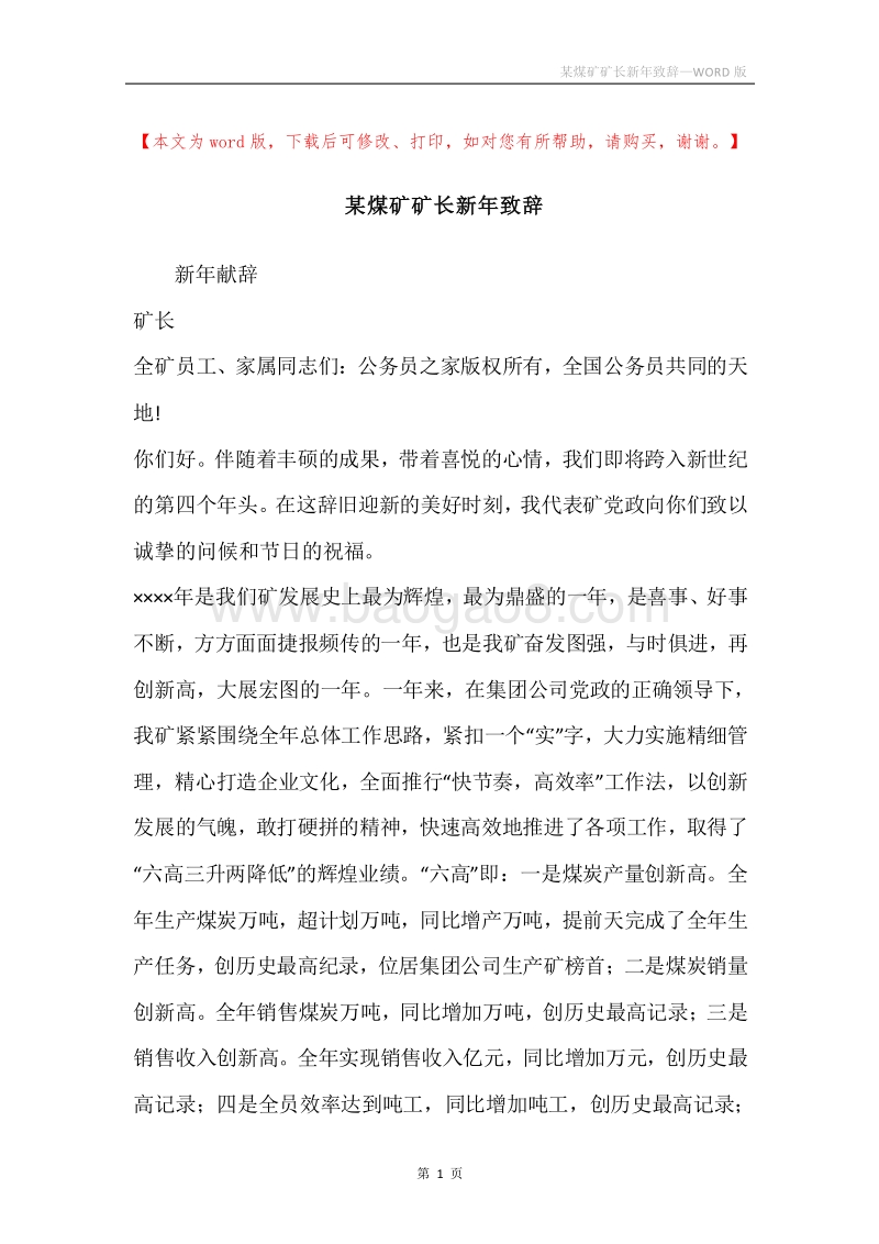 某煤矿矿长新年致辞.docx_第1页