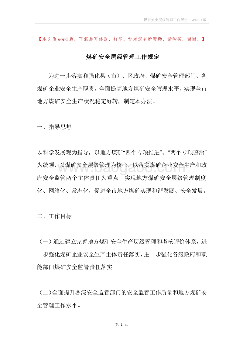 煤矿安全层级管理工作规定.docx_第1页