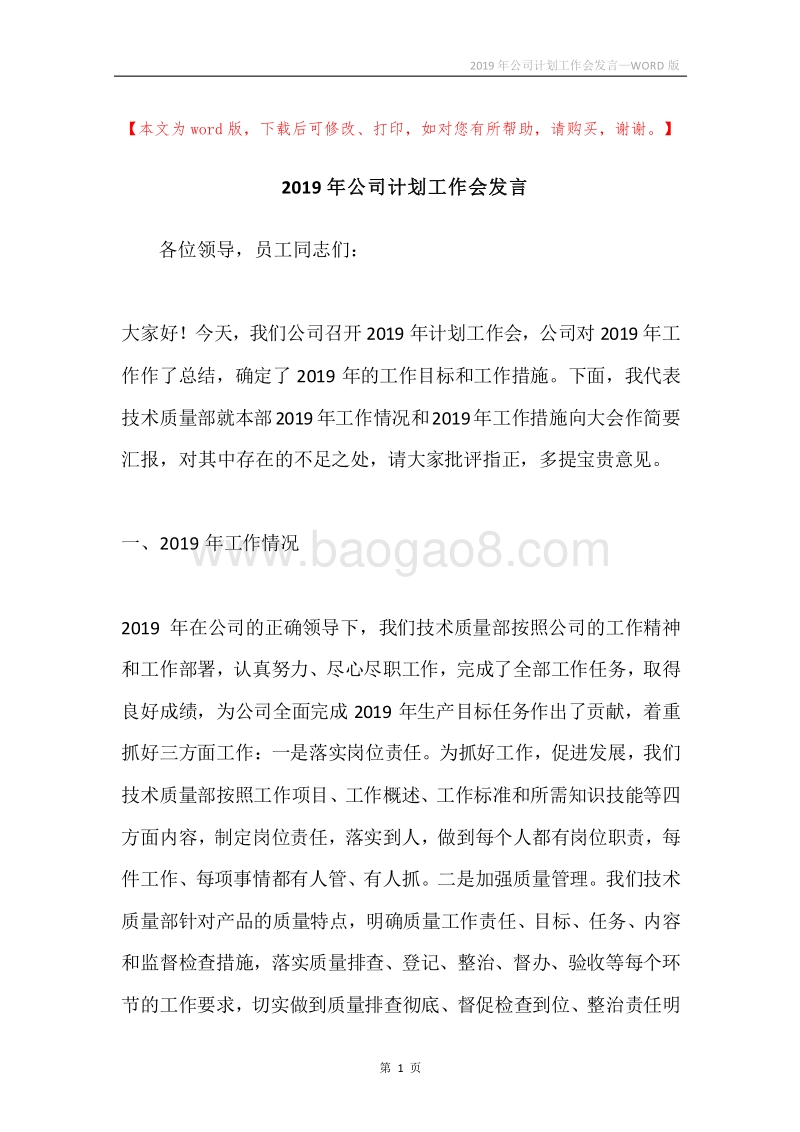 2019年公司计划工作会发言.docx_第1页