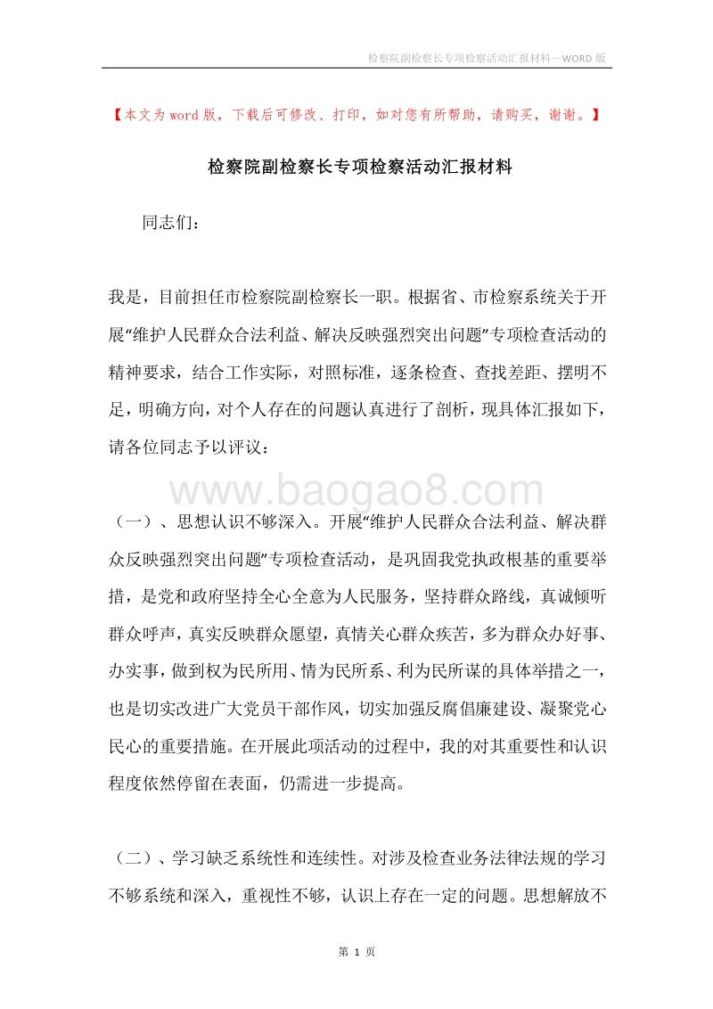 检察院副检察长专项检察活动汇报材料.docx_第1页