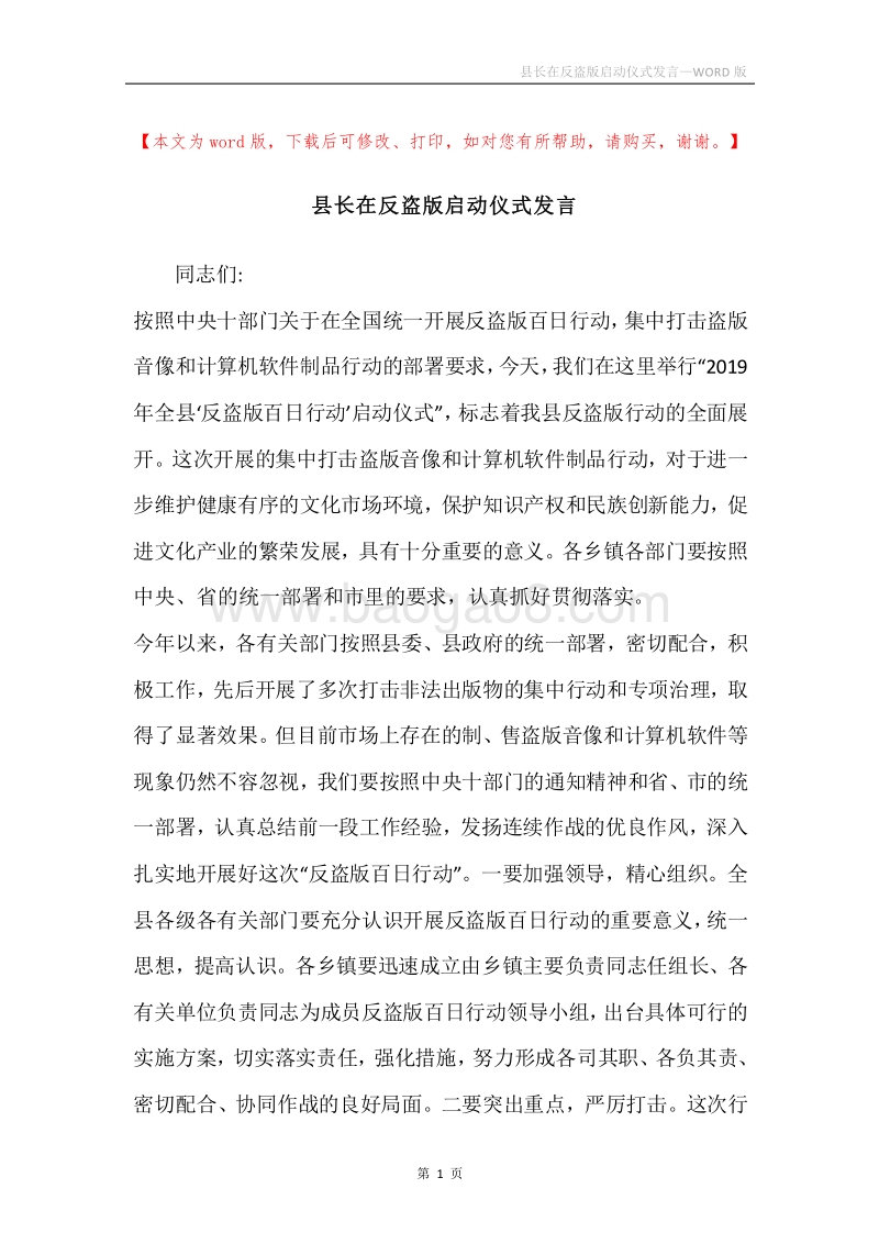 县长在反盗版启动仪式发言.docx_第1页