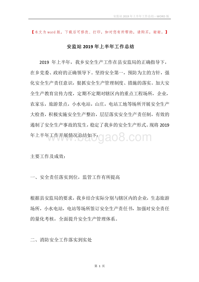 安监站2019年上半年工作总结.docx_第1页