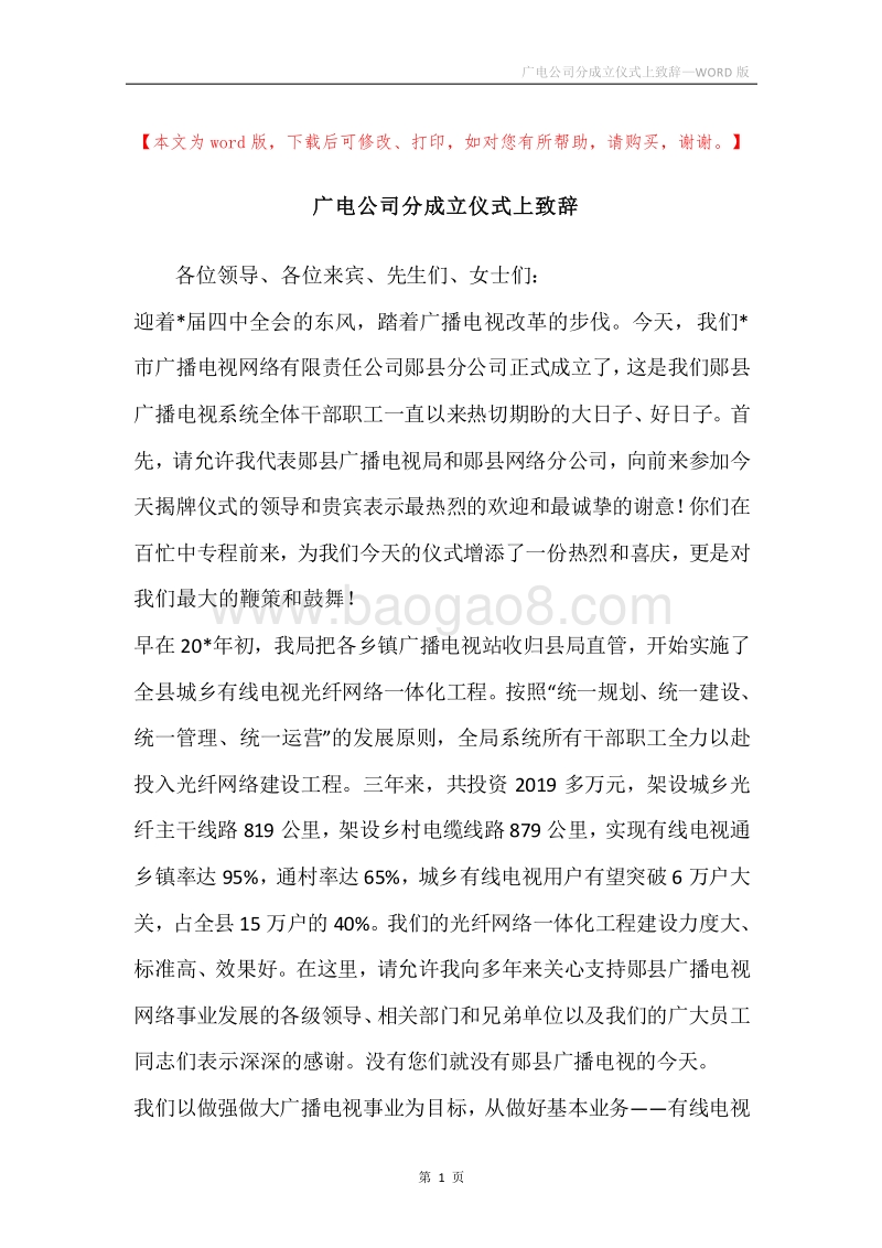 广电公司分成立仪式上致辞.docx_第1页