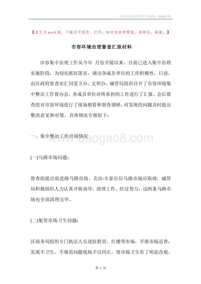 市容环境治理督查汇报材料.docx_第1页